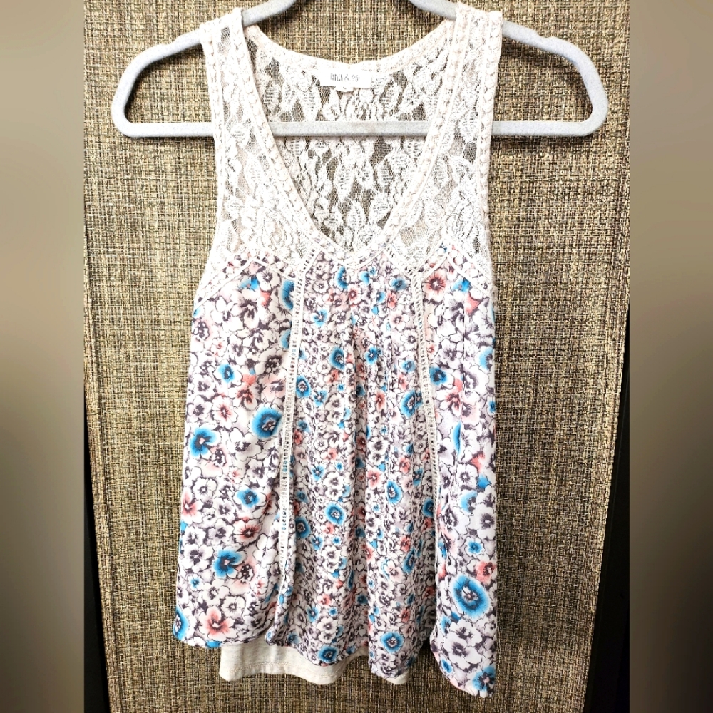 Taylor and Sage Lace Floral Tank Top - Cream